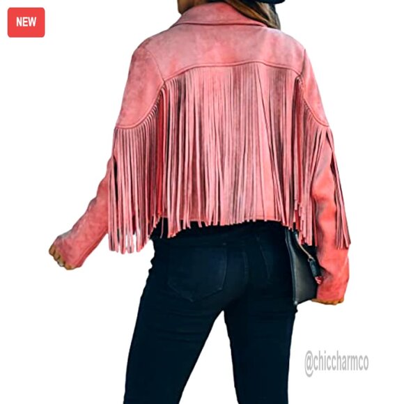 Faux Leather Moto Jacket Cropped Fringe Tassel Western Y2K Chic Lightweight - Picture 2 of 7